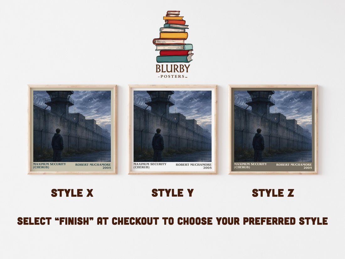 Maximum Security (CHERUB) literary print in frame leaning in hallway – young adult wall art (mockup)