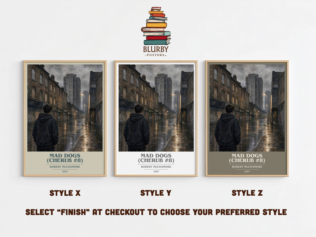 Mad Dogs (CHERUB #8) book cover print in frame leaning in hallway – young adult wall art (mockup)