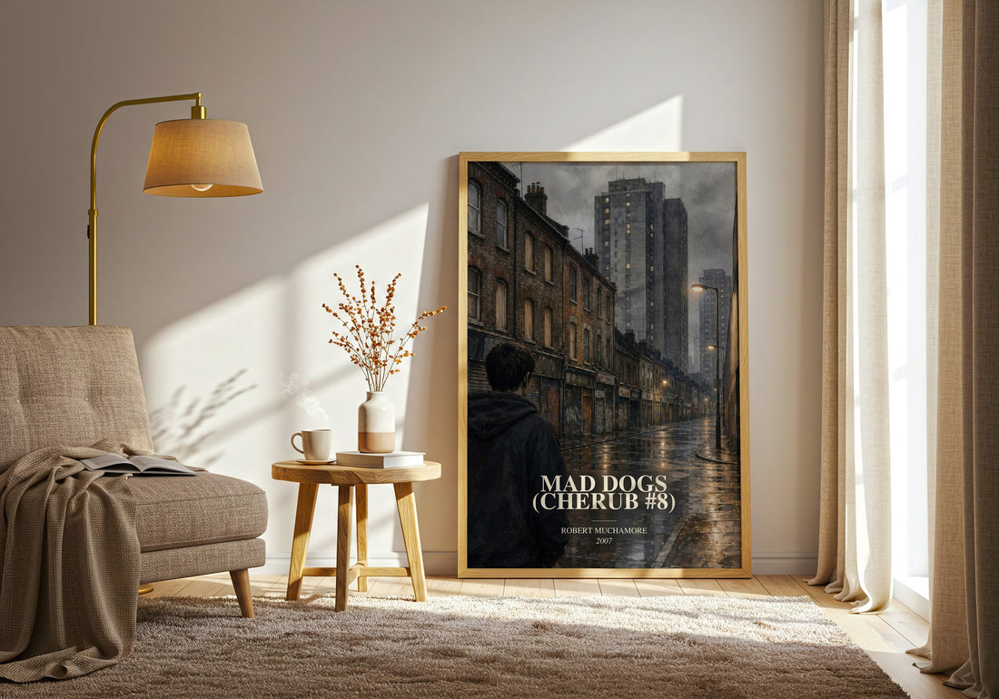 Mad Dogs (CHERUB #8) watercolour print in frame leaning in hallway – young adult wall art
