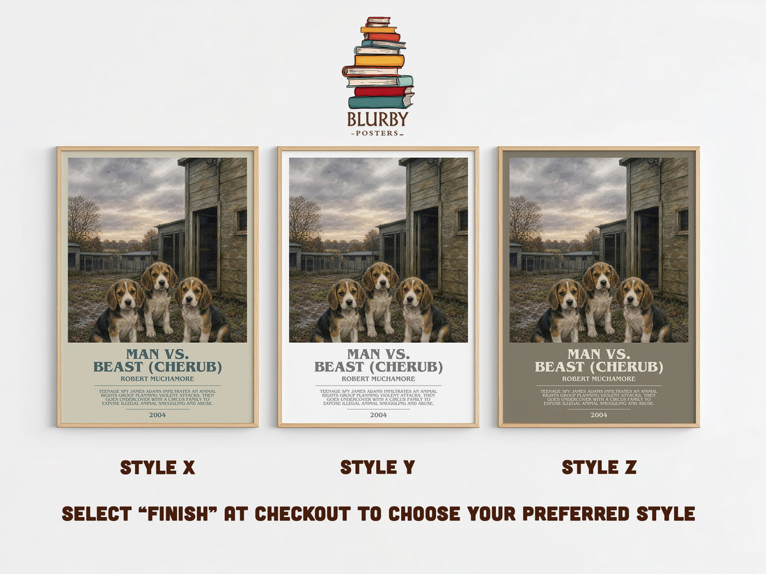 Man vs. Beast (Cherub) bookish print in frame leaning in hallway – young adult wall art (mockup)