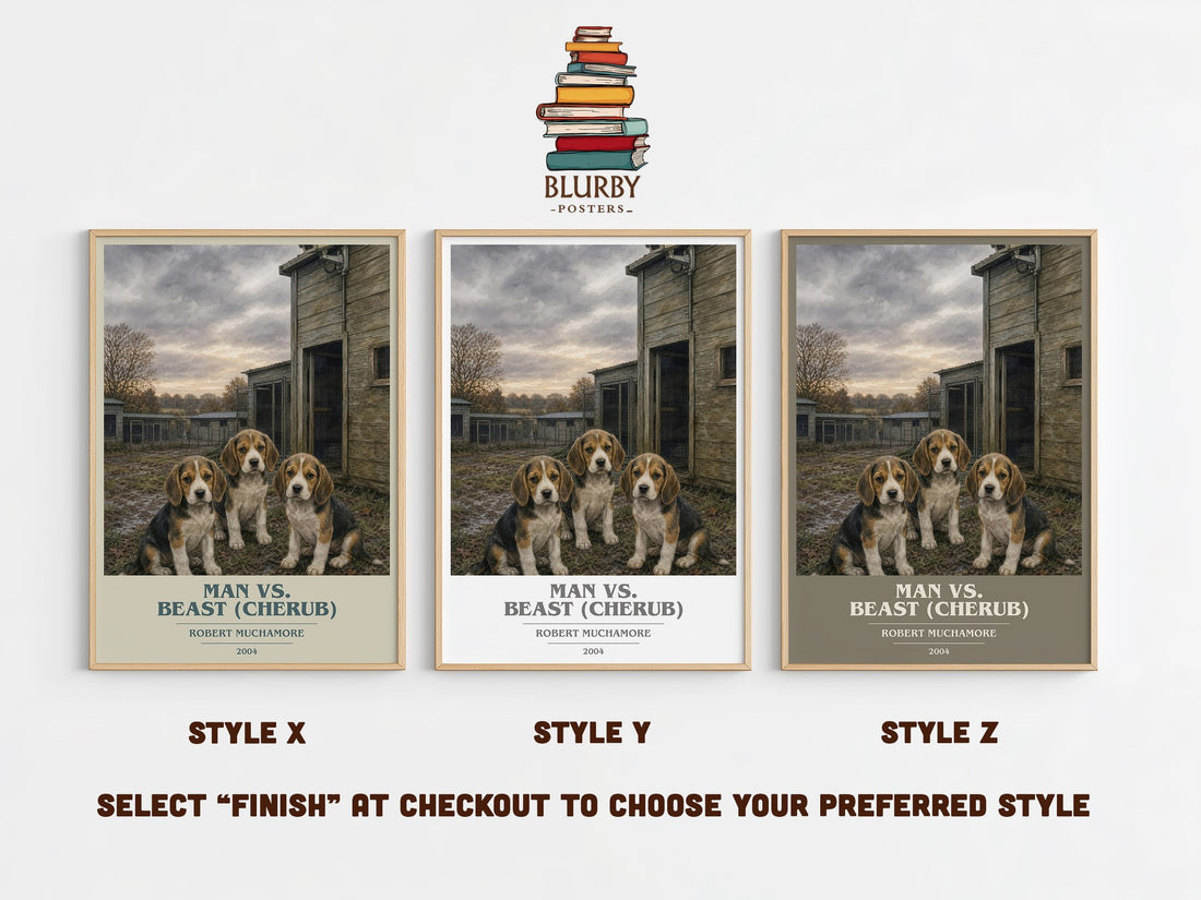 Man vs. Beast (Cherub) book cover print in frame leaning in hallway – young adult wall art (mockup)