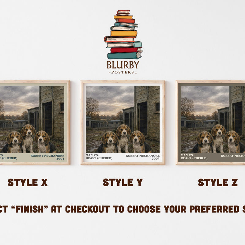 Man vs. Beast (Cherub) literary print in frame leaning in hallway – young adult wall art