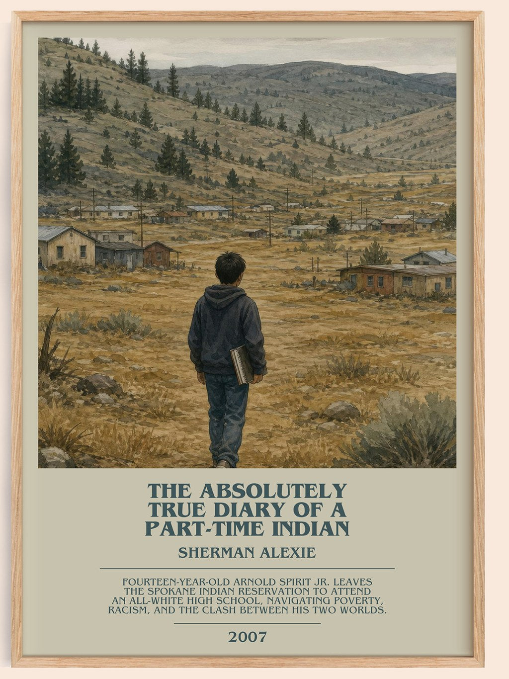 The Absolutely True Diary of a Part-Time Indian bookish book poster by Sherman Alexie – framed literary art print