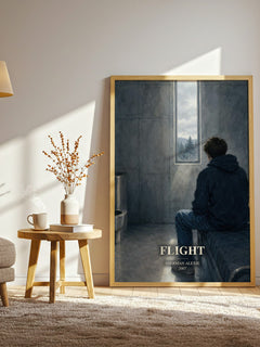 Flight watercolour print in frame leaning in hallway – contemporary fiction wall art