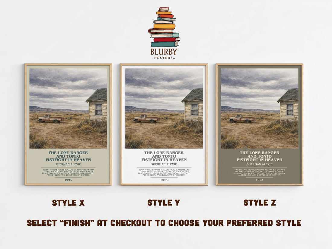 The Lone Ranger and Tonto fistfight in heaven bookish print in frame leaning in hallway – literary fiction wall art (mockup)
