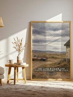 The Lone Ranger and Tonto fistfight in heaven watercolour print in frame leaning in hallway – literary fiction wall art