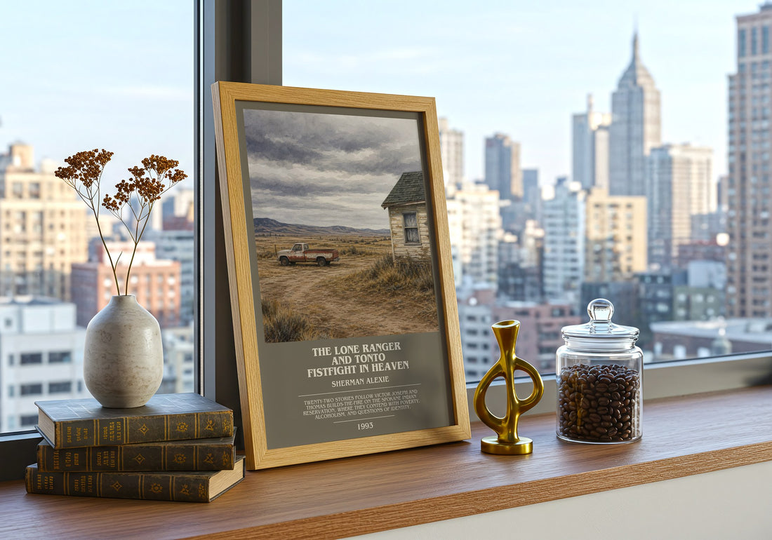 The Lone Ranger and Tonto fistfight in heaven bookish print framed by window – literary home decor