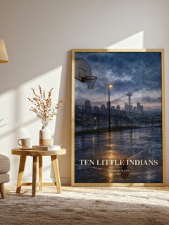 Ten Little Indians watercolour print in frame leaning in hallway – contemporary fiction wall art