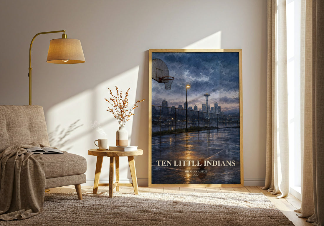 Ten Little Indians watercolour print in frame leaning in hallway – contemporary fiction wall art