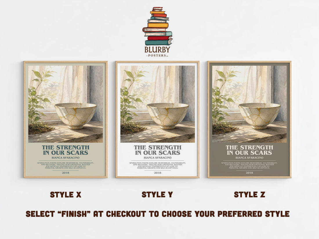The Strength in Our Scars bookish print in frame leaning in hallway – poetry wall art (mockup)