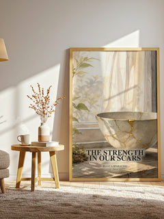 The Strength in Our Scars watercolour print in frame leaning in hallway – poetry wall art