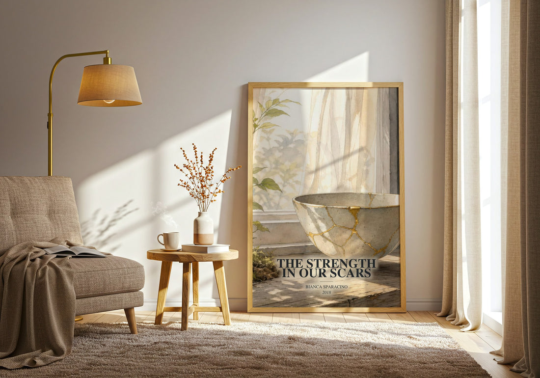The Strength in Our Scars watercolour print in frame leaning in hallway – poetry wall art