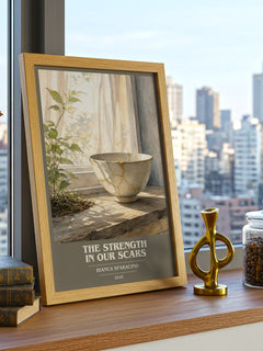The Strength in Our Scars book cover print framed by window – literary home decor