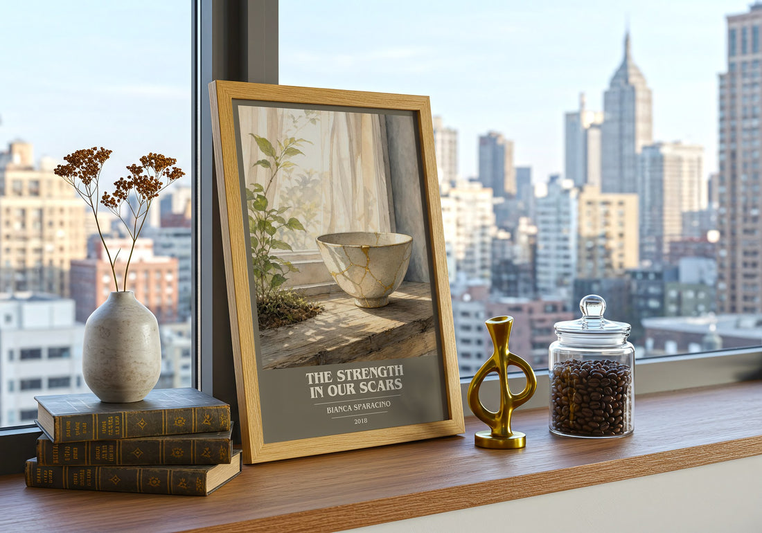 The Strength in Our Scars book cover print framed by window – literary home decor