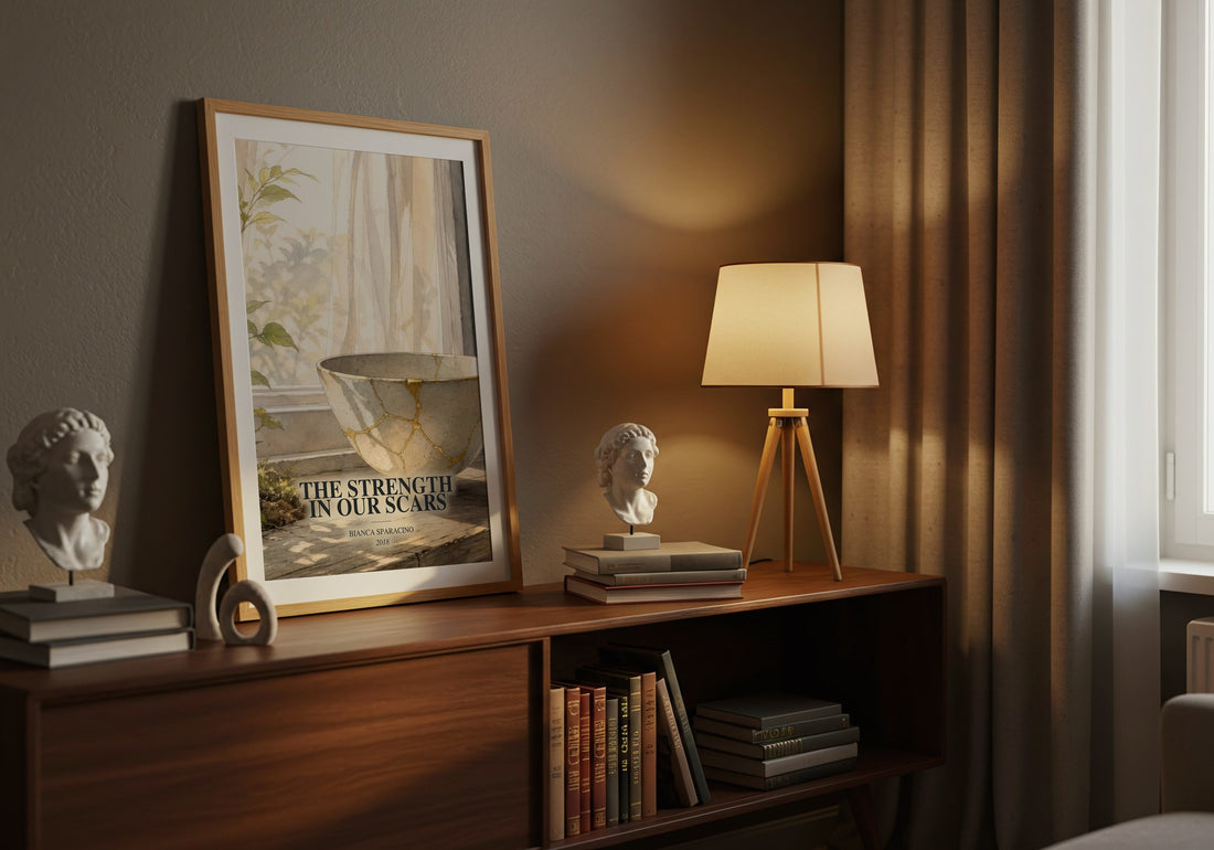 The Strength in Our Scars watercolour print on bookshelf – Bianca Sparacino fan gift