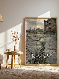Seeds Planted in Concrete watercolour print in frame leaning in hallway – poetry wall art