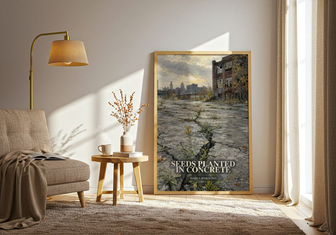 Seeds Planted in Concrete watercolour print in frame leaning in hallway – poetry wall art