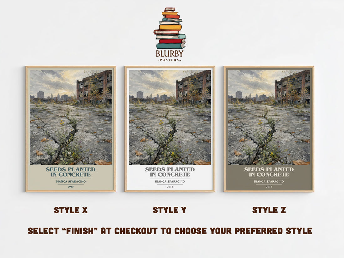 Seeds Planted in Concrete book cover print in frame leaning in hallway – poetry wall art (mockup)