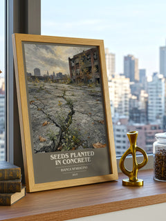 Seeds Planted in Concrete book cover print framed by window – literary home decor