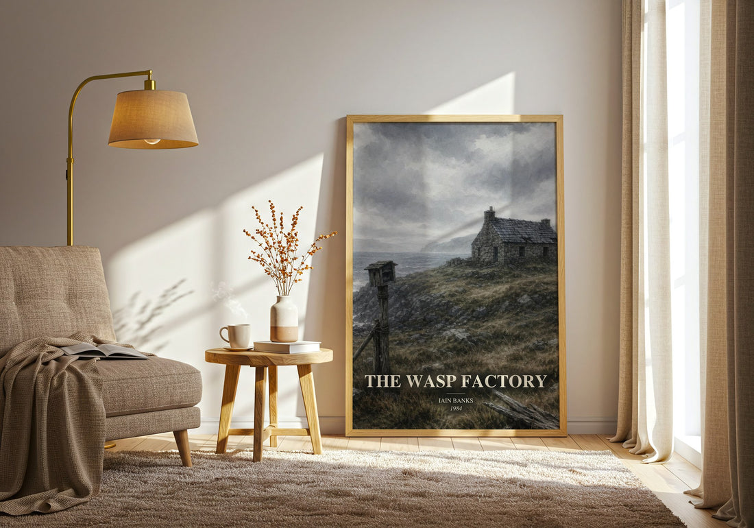 The Wasp Factory watercolour print in frame leaning in hallway – literary fiction wall art