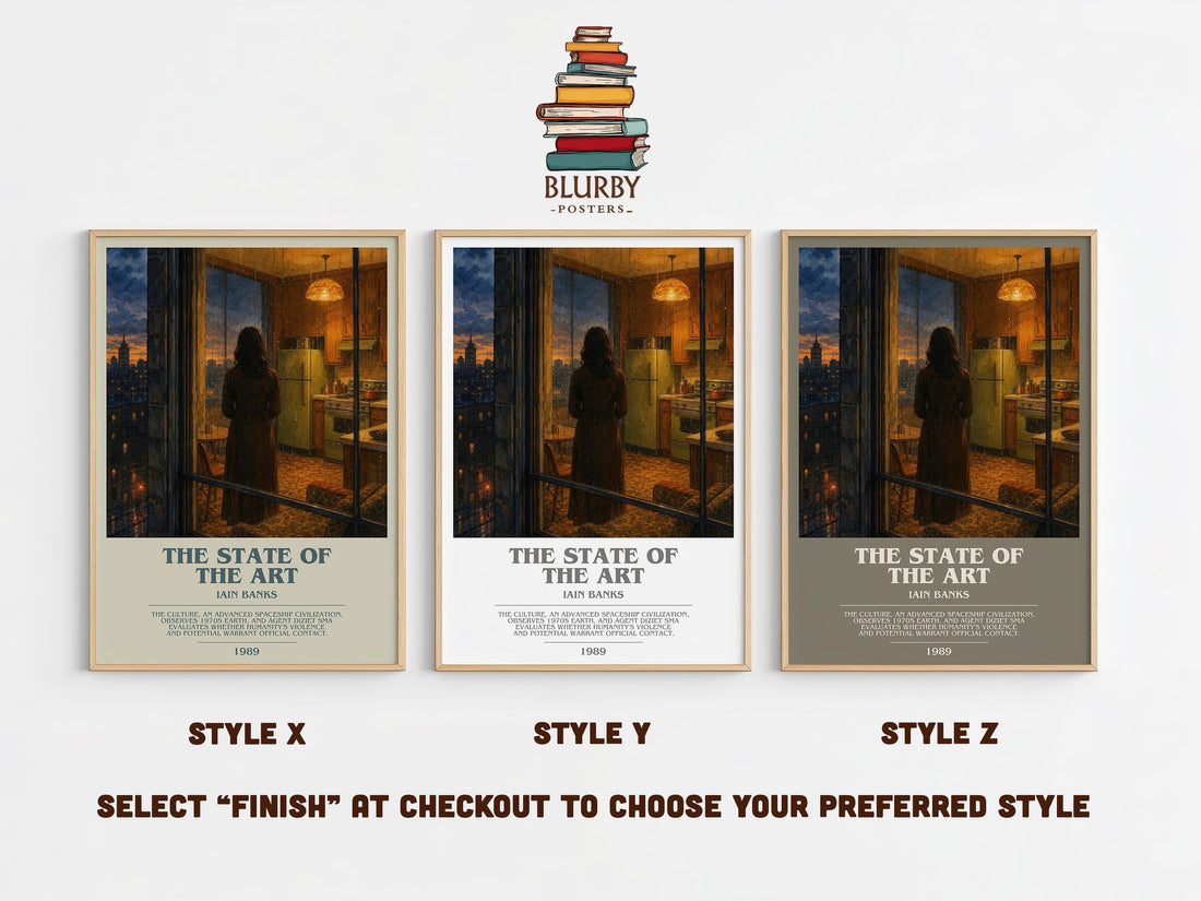 The State of the Art bookish print in frame leaning in hallway – sci fi wall art (mockup)