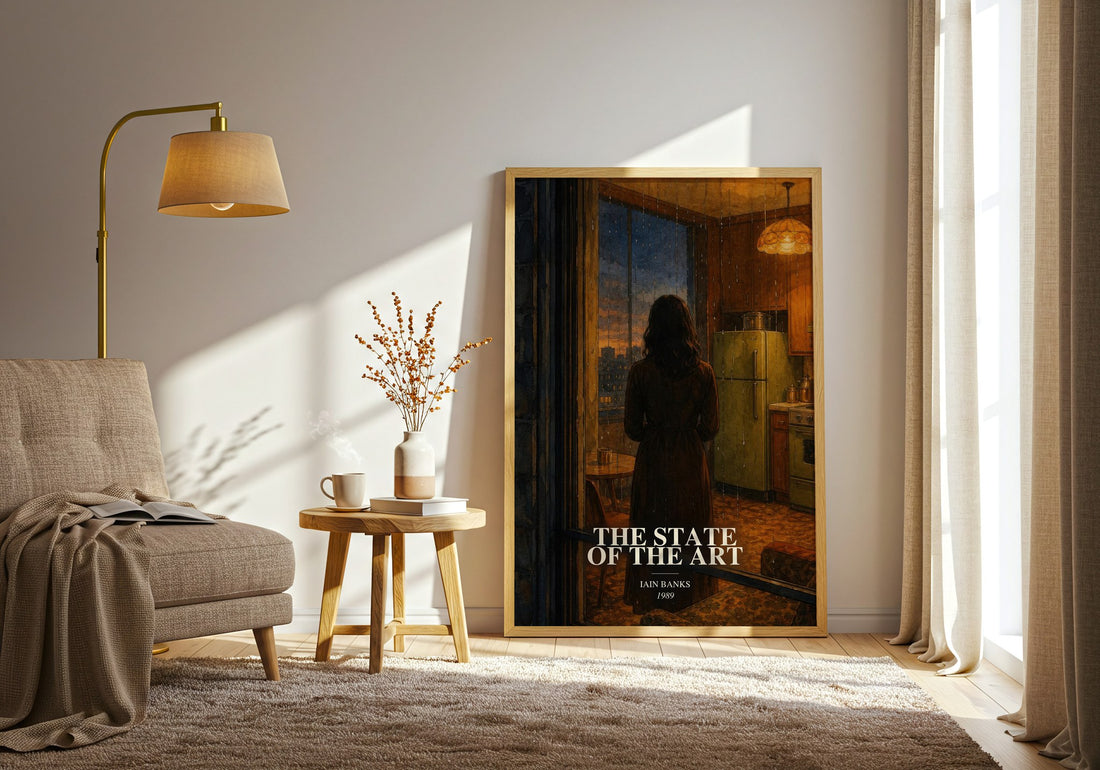 The State of the Art watercolour print in frame leaning in hallway – sci fi wall art