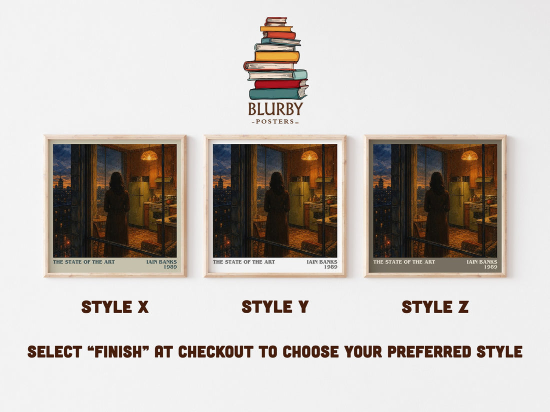 The State of the Art literary print in frame leaning in hallway – sci fi wall art (mockup)