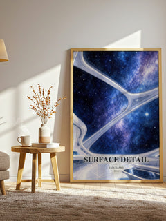 Surface Detail watercolour print in frame leaning in hallway – sci fi wall art