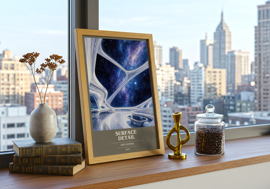 Surface Detail book cover print framed by window – literary home decor