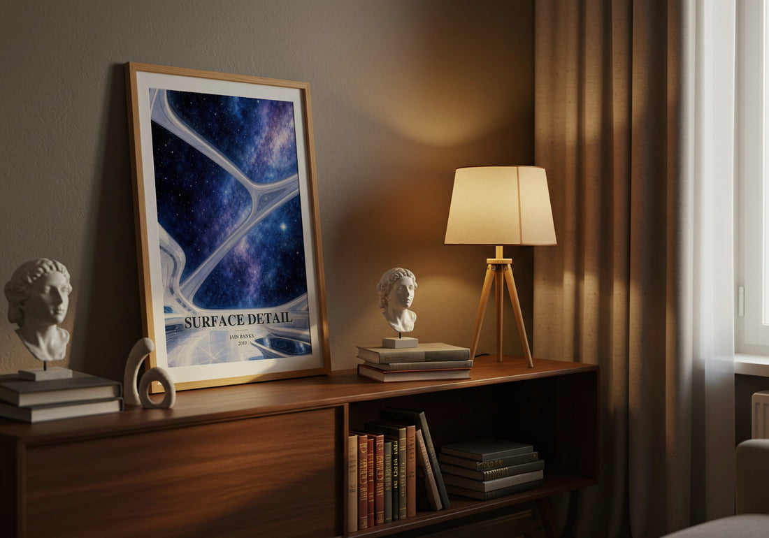 Surface Detail watercolour print on bookshelf – Iain Banks fan gift