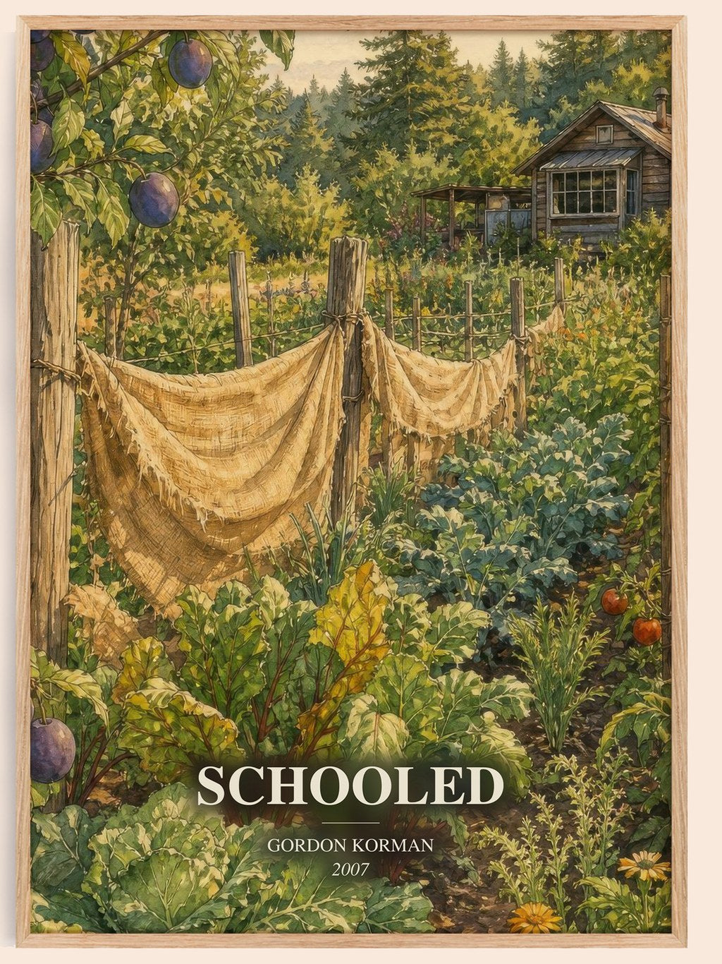 Schooled watercolour book poster by Gordon Korman – framed literary art print