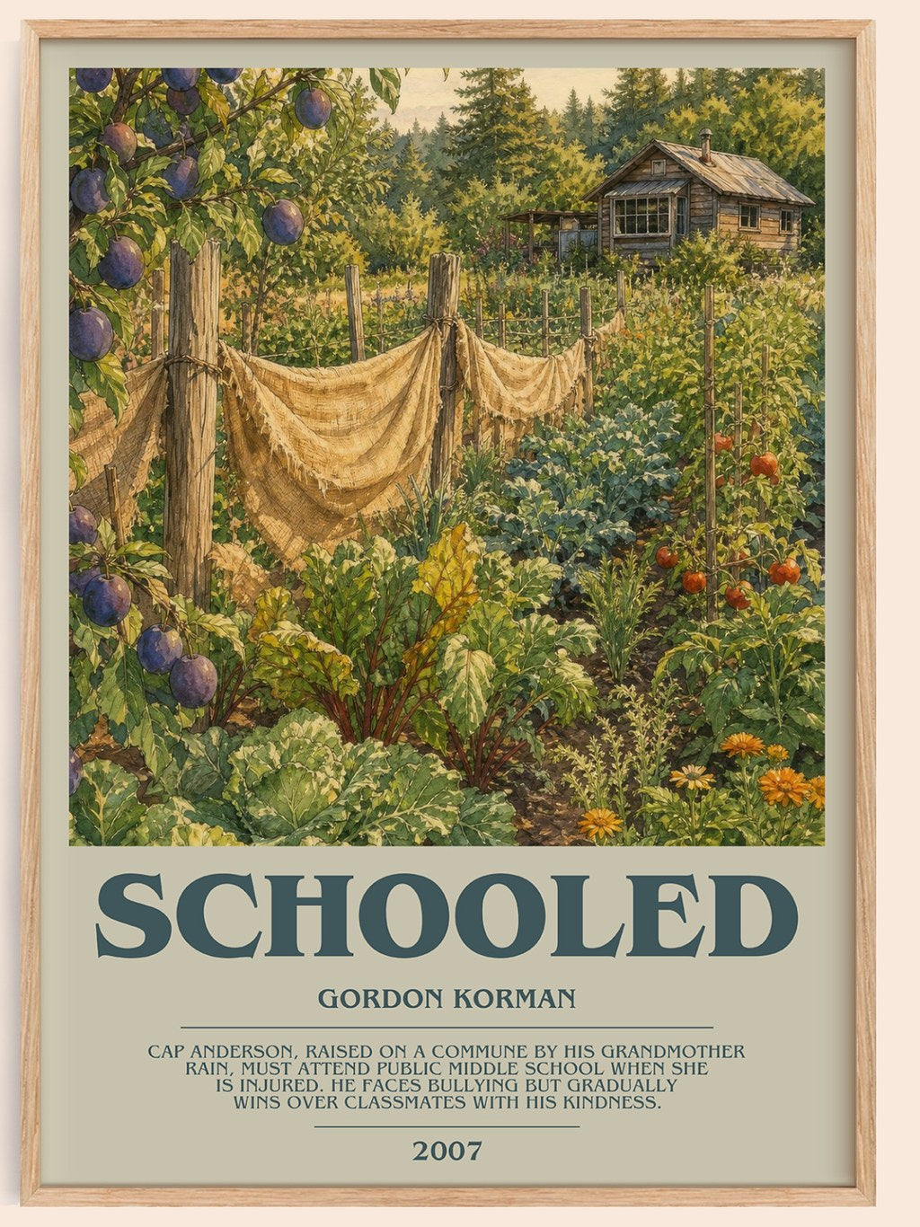 Schooled bookish book poster by Gordon Korman – framed literary art print