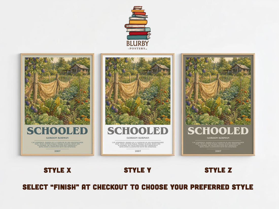 Schooled bookish print in frame leaning in hallway – young adult wall art (mockup)
