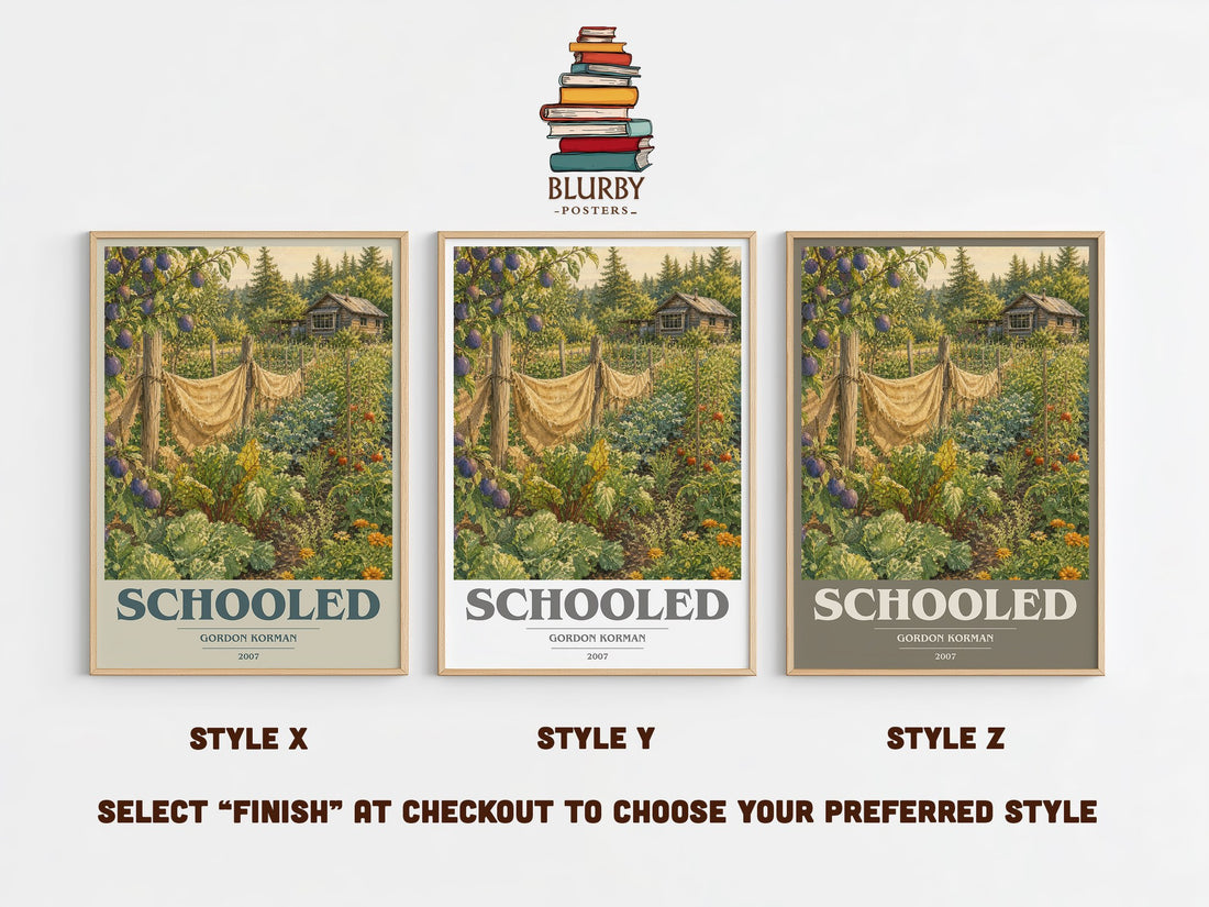 Schooled book cover print in frame leaning in hallway – young adult wall art (mockup)