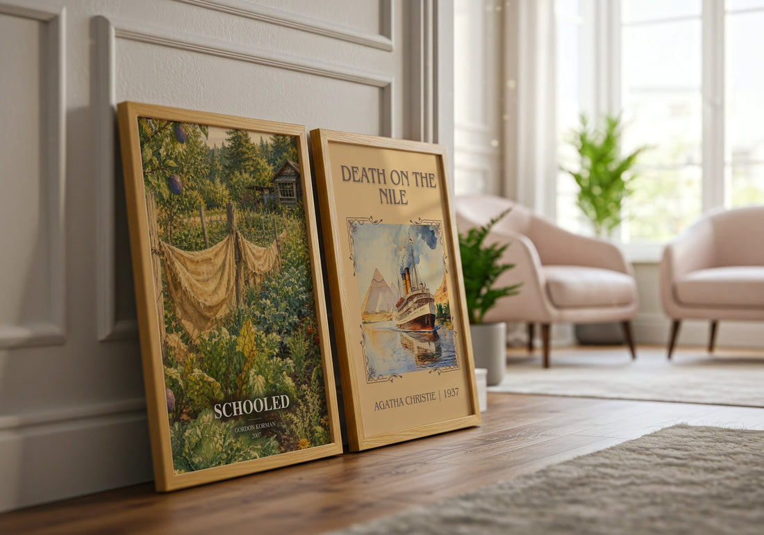 Schooled watercolour print framed by window – literary home decor