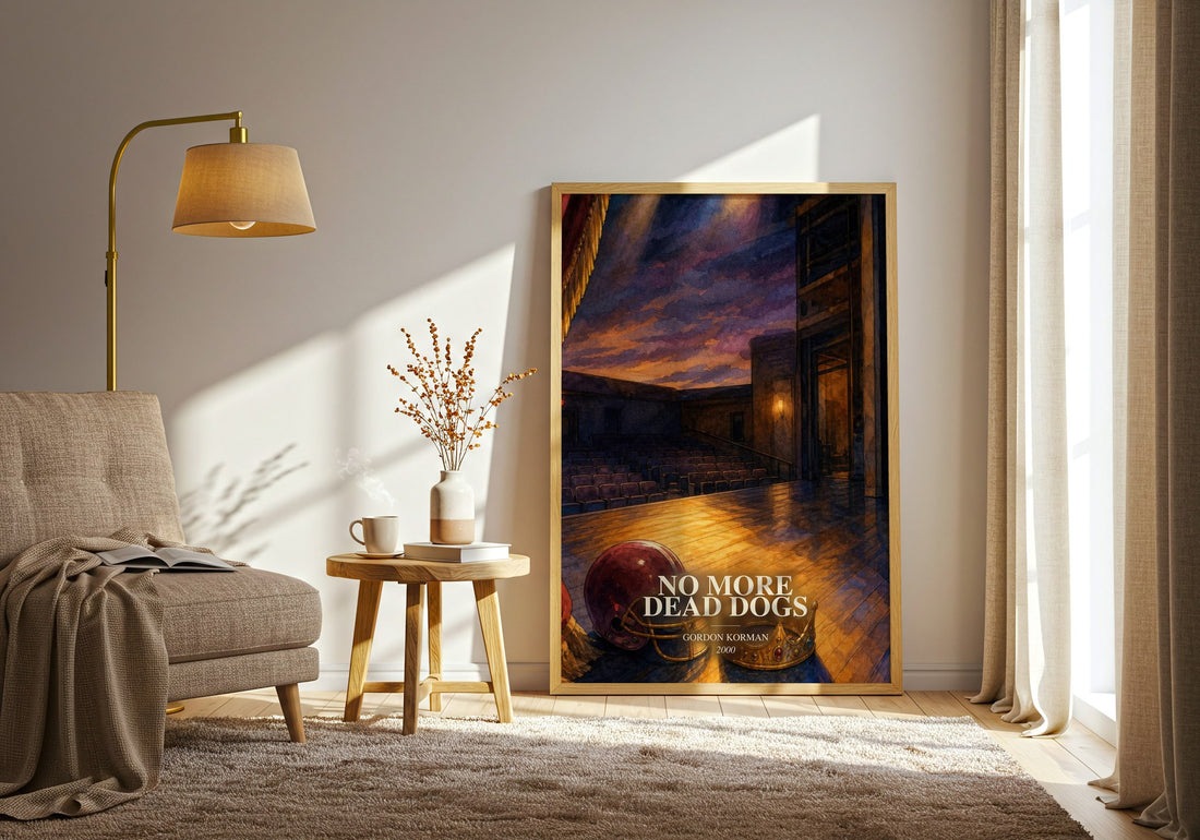 No more dead dogs watercolour print in frame leaning in hallway – childrens wall art