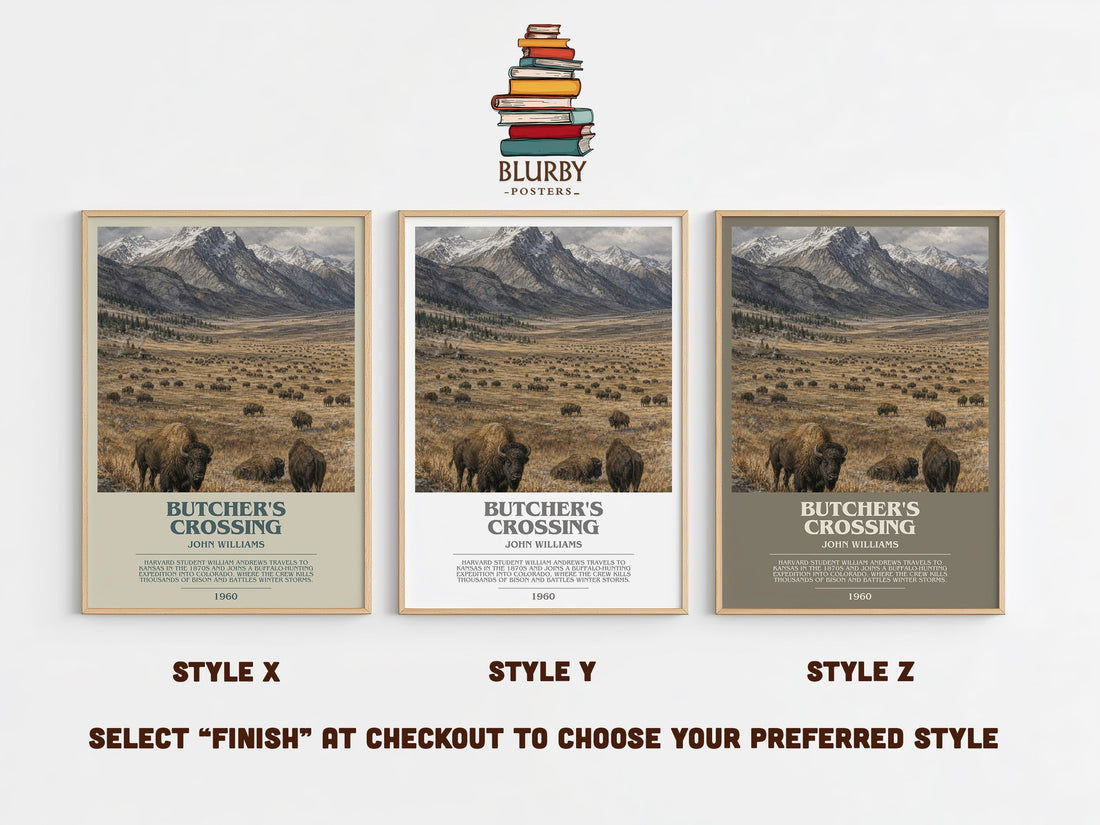 Butcher's Crossing bookish print in frame leaning in hallway – literary fiction wall art (mockup)