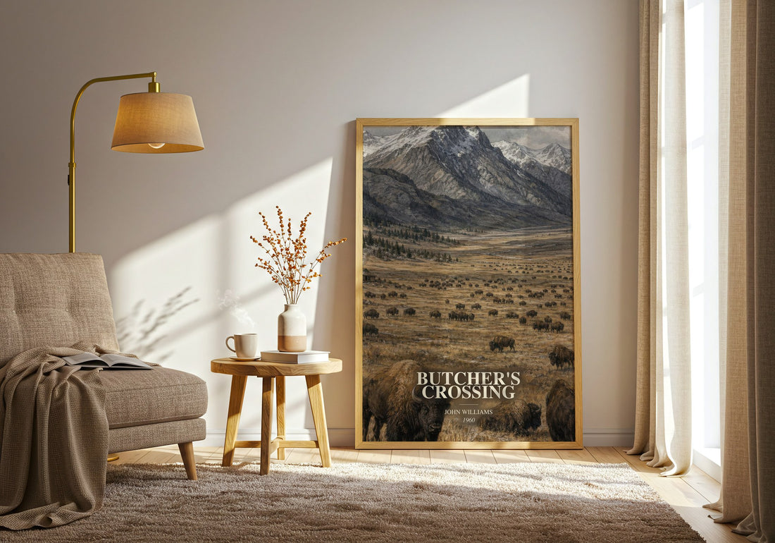 Butcher's Crossing watercolour print in frame leaning in hallway – literary fiction wall art