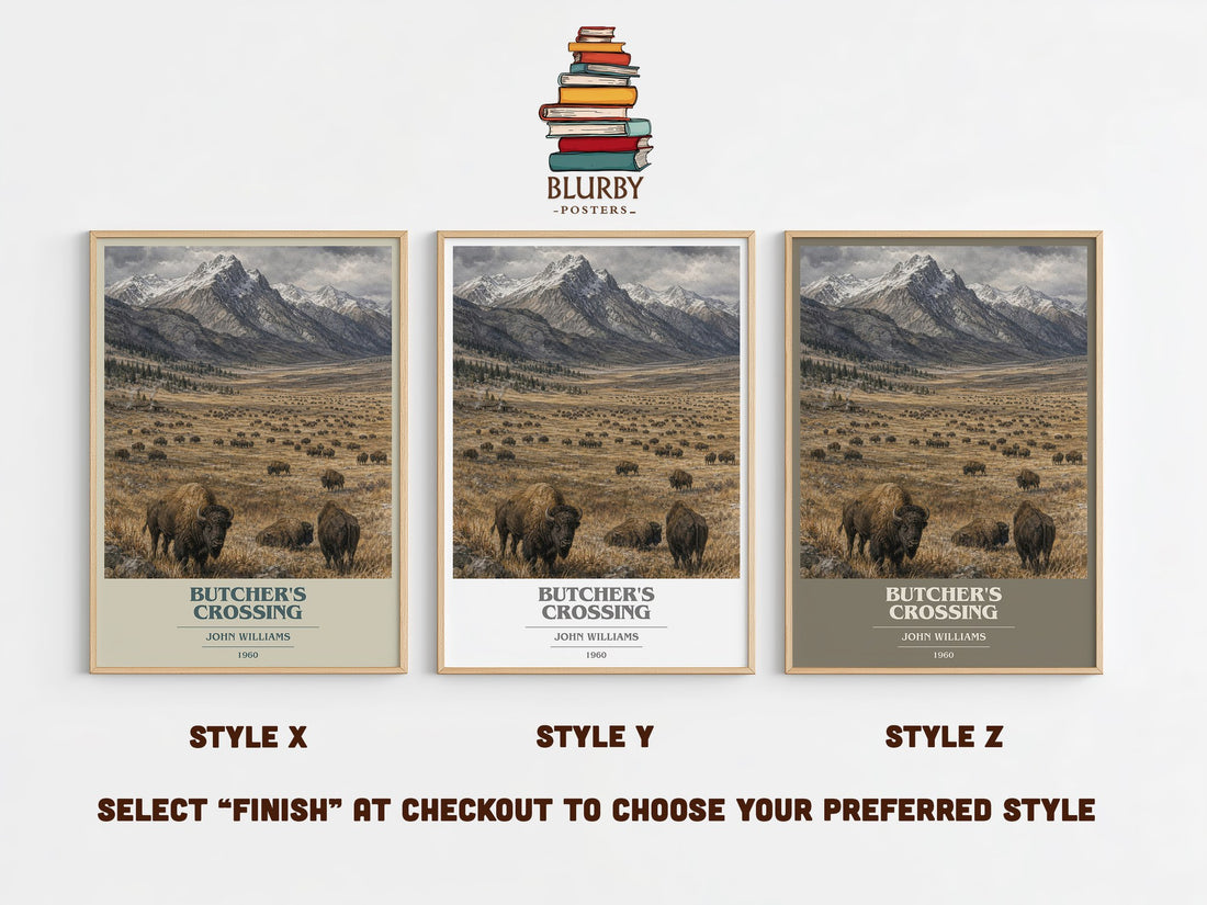 Butcher's Crossing book cover print in frame leaning in hallway – literary fiction wall art (mockup)