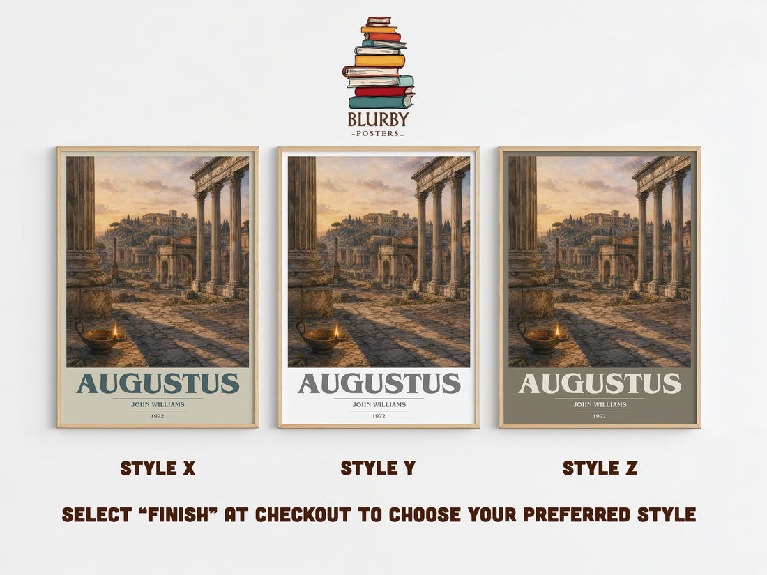 Augustus book cover print in frame leaning in hallway – historical fiction wall art (mockup)