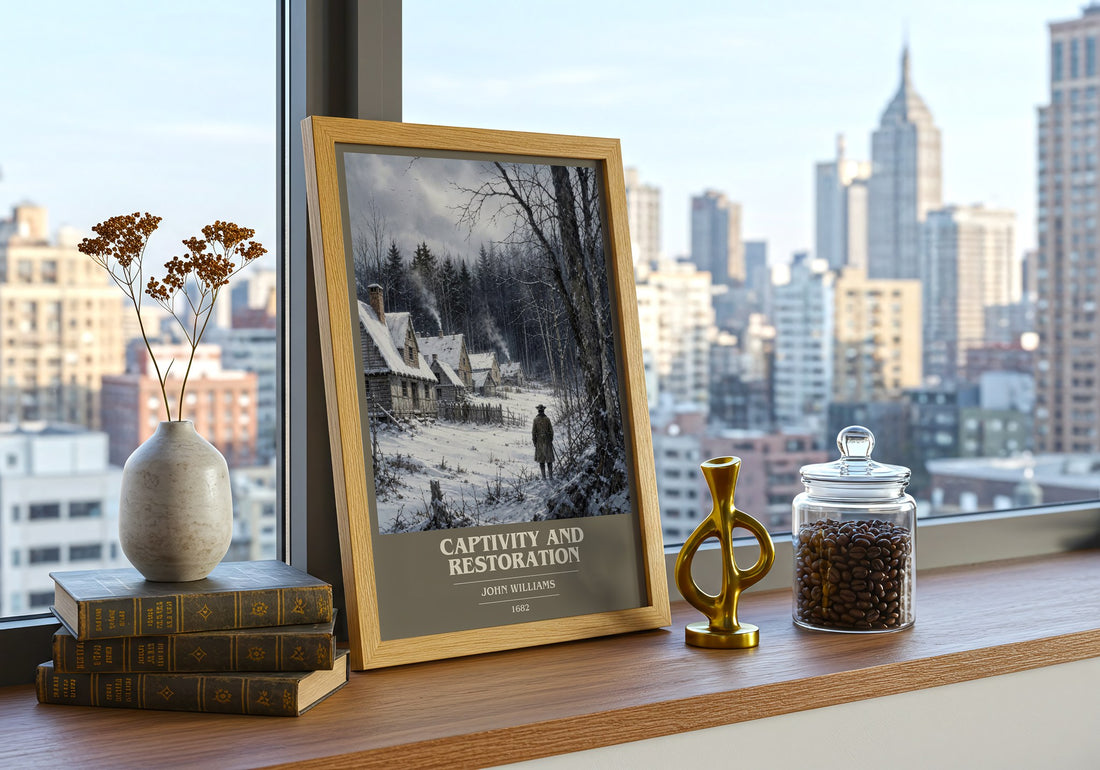 Captivity and Restoration book cover print framed by window – literary home decor