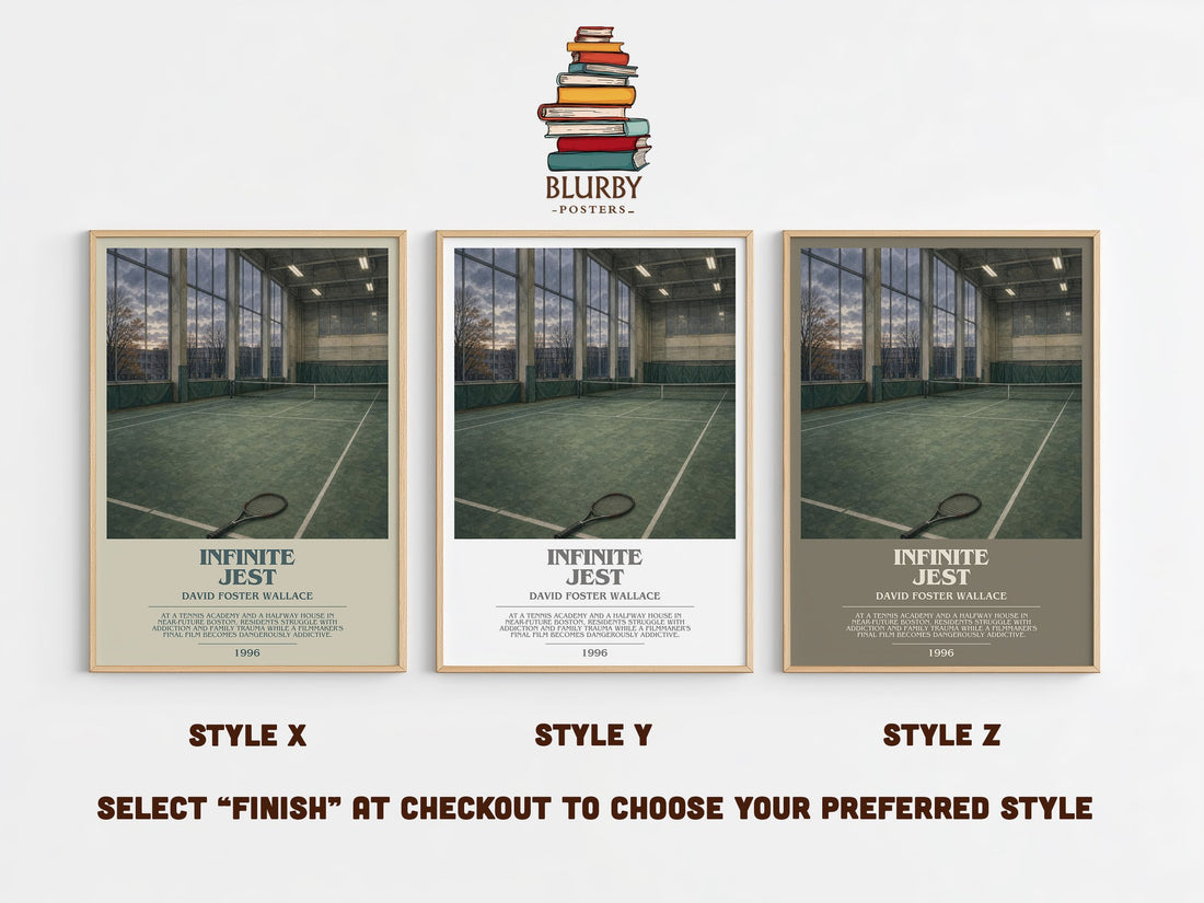 Infinite Jest bookish print in frame leaning in hallway – contemporary fiction wall art (mockup)