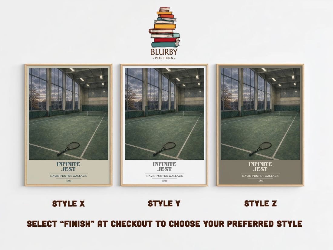 Infinite Jest book cover print in frame leaning in hallway – contemporary fiction wall art (mockup)