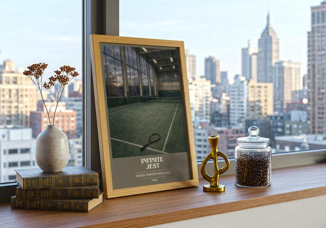 Infinite Jest book cover print framed by window – literary home decor