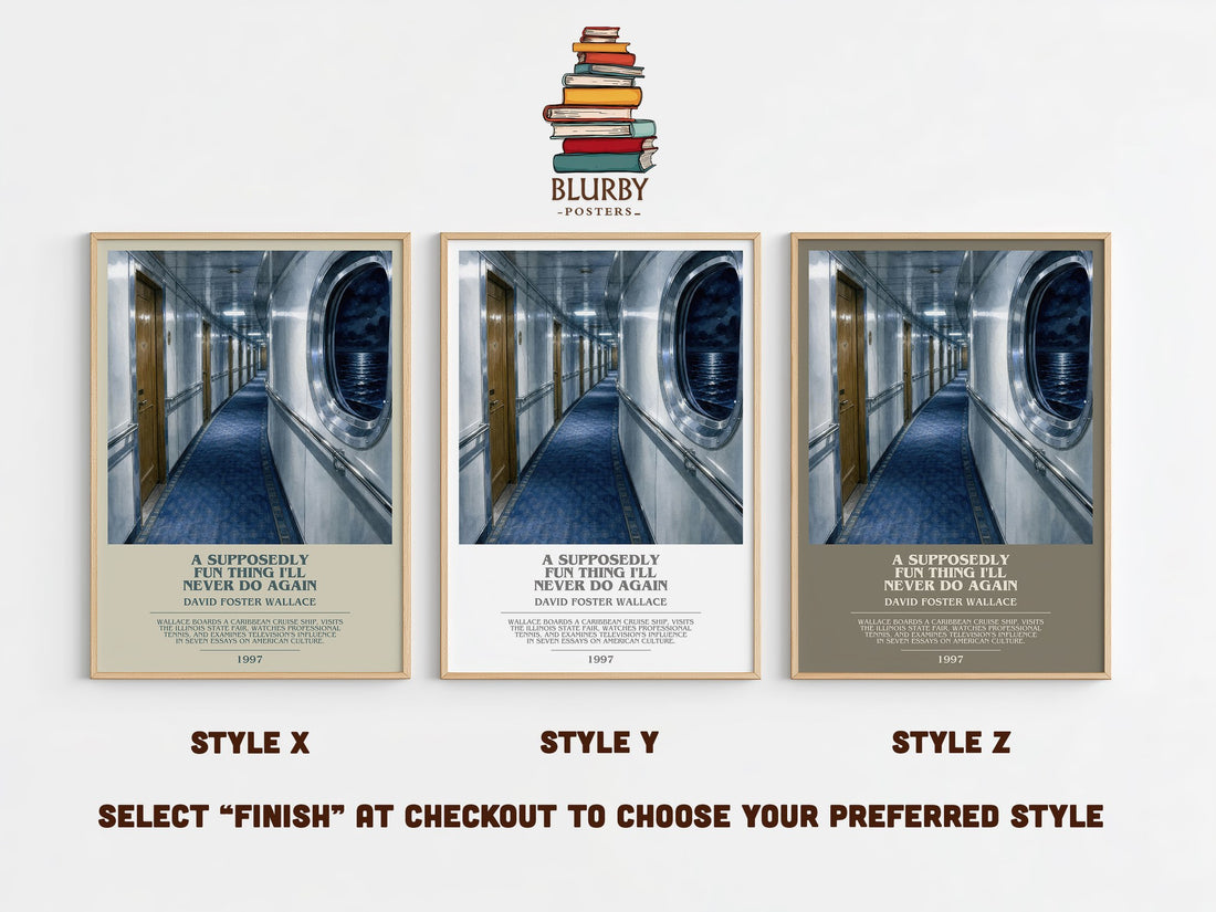 A supposedly fun thing I'll never do again bookish print in frame leaning in hallway – non fiction wall art (mockup)
