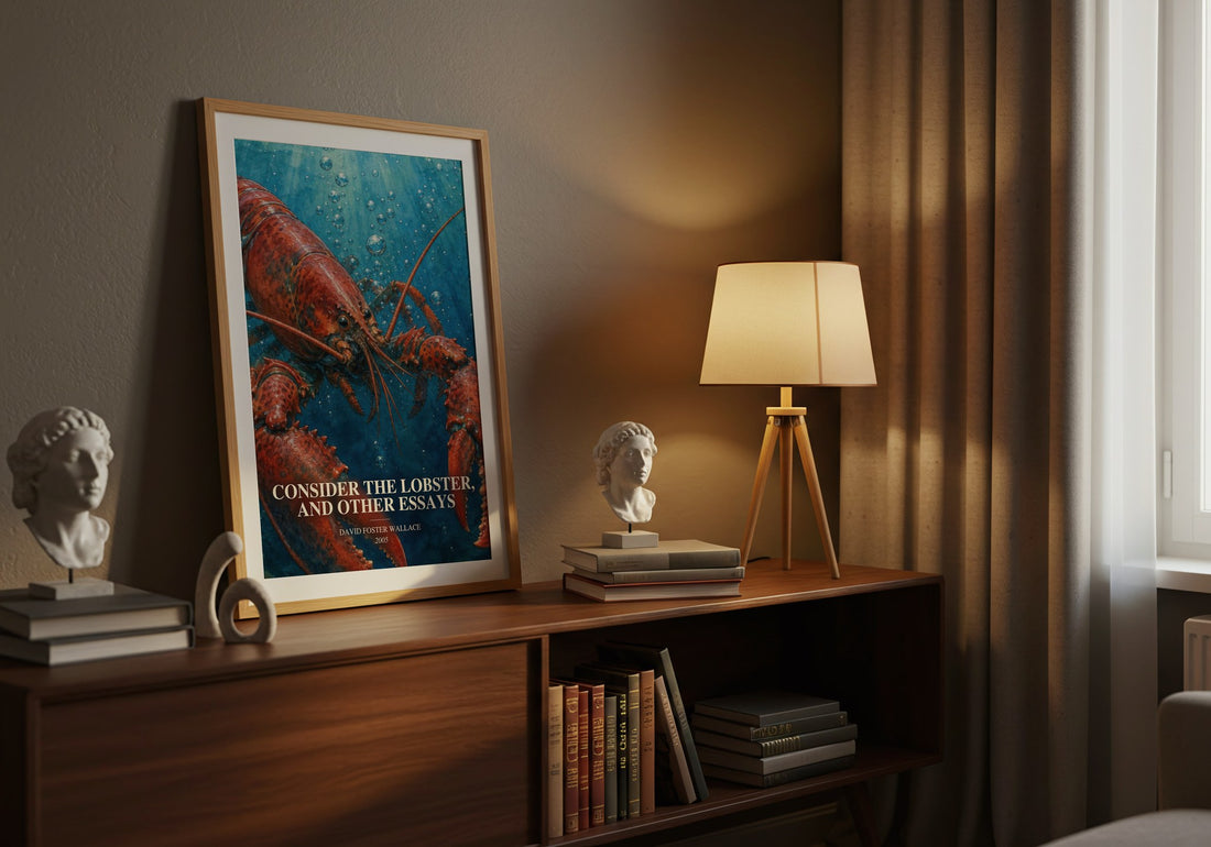 Consider the lobster, and other essays watercolour print on bookshelf – David Foster Wallace fan gift