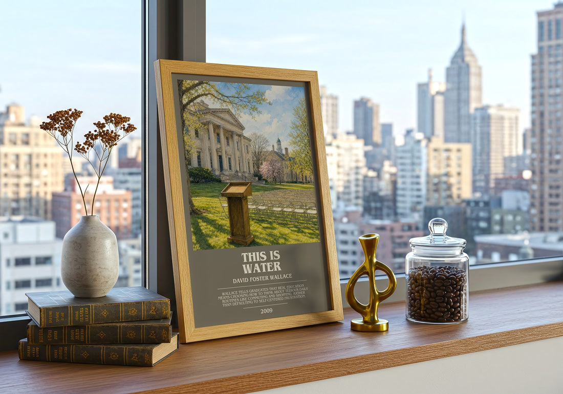 This is water bookish print framed by window – literary home decor