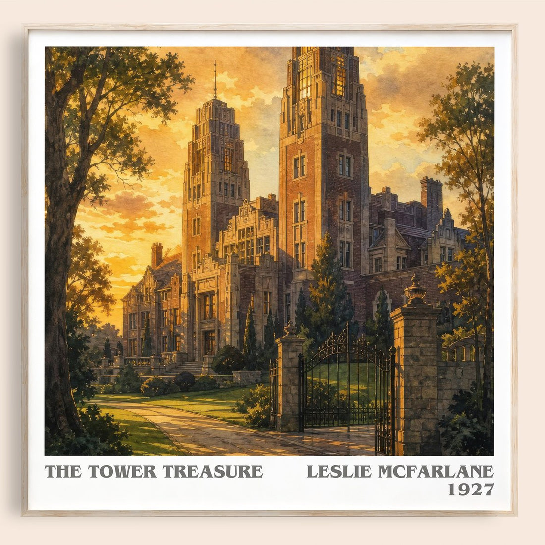 The tower treasure literary book poster by Leslie McFarlane – framed literary art print