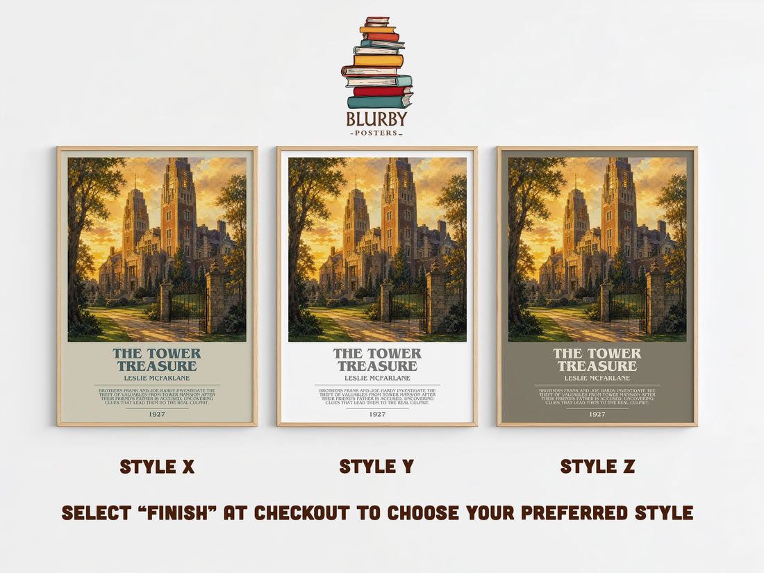 The tower treasure bookish print in frame leaning in hallway – mystery wall art (mockup)