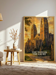 The tower treasure watercolour print in frame leaning in hallway – mystery wall art